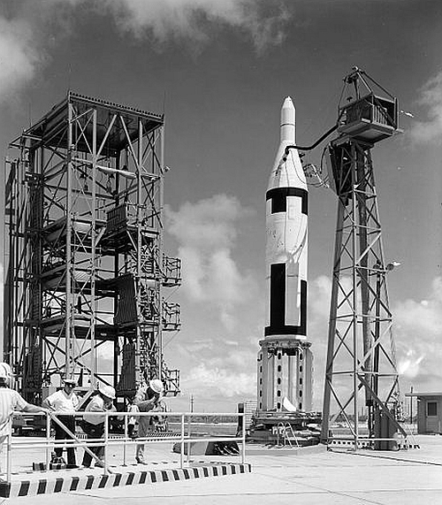 Polaris A1 missile on launch pad at LC-29A at Cape Canaveral, Florida