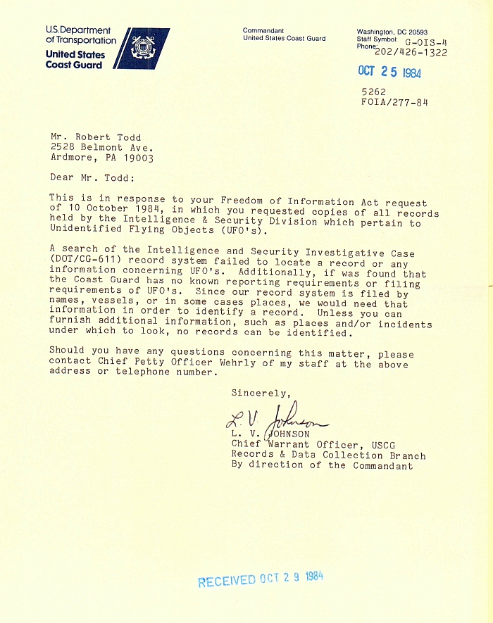 USCG FOIA Response To Robert Todd 1984