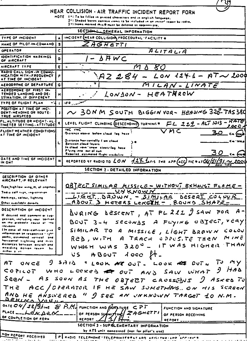 ACUFOE - UFO ReportCaptain Zaghetti - London ATC