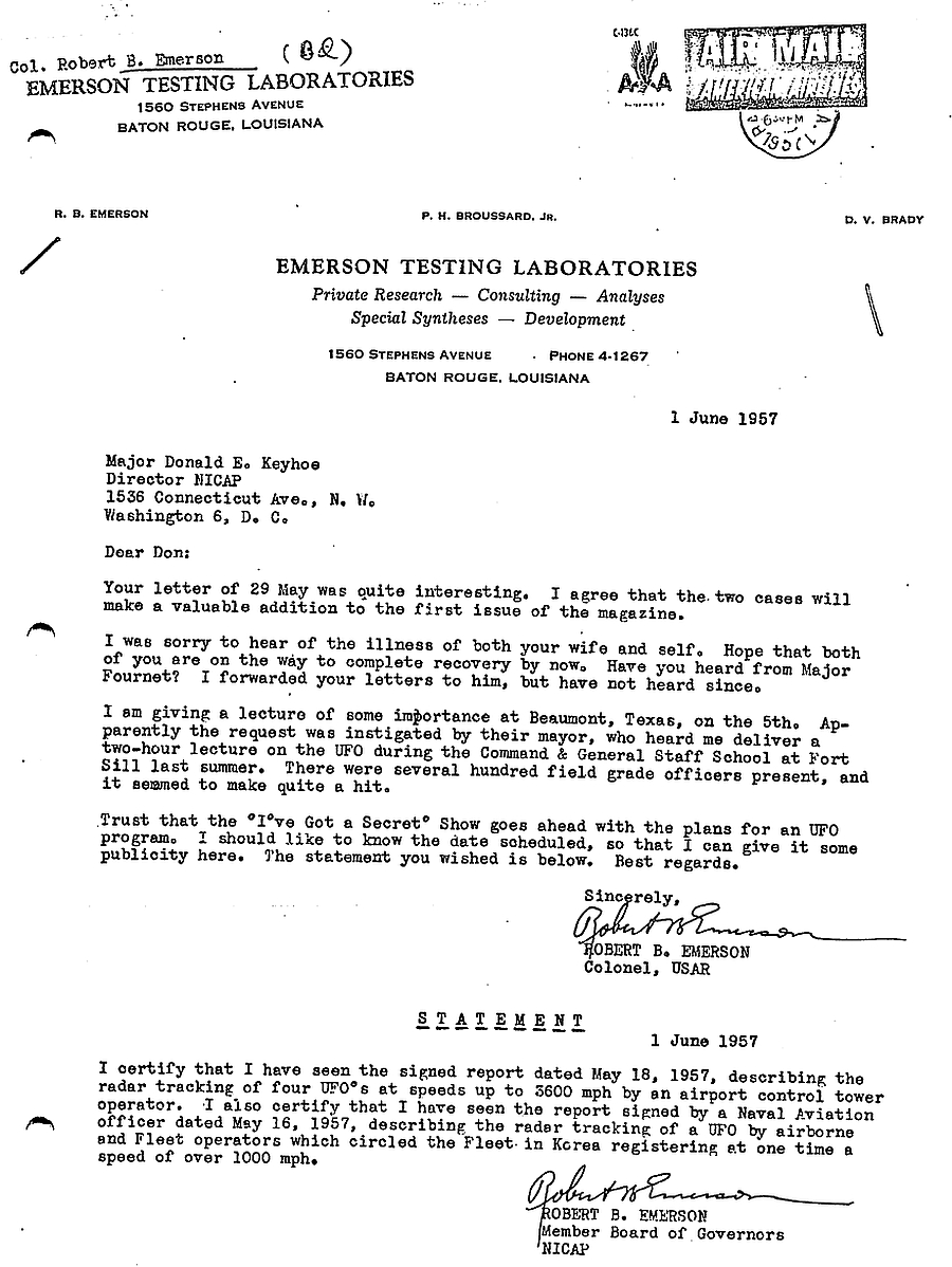 Letter from Col. Robert B. Ermerson to Keyhoe re Davies Statement