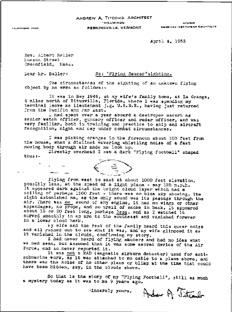 Letter to NICAP Regarding 1946 UFO Sighting by LTJG Titcomb