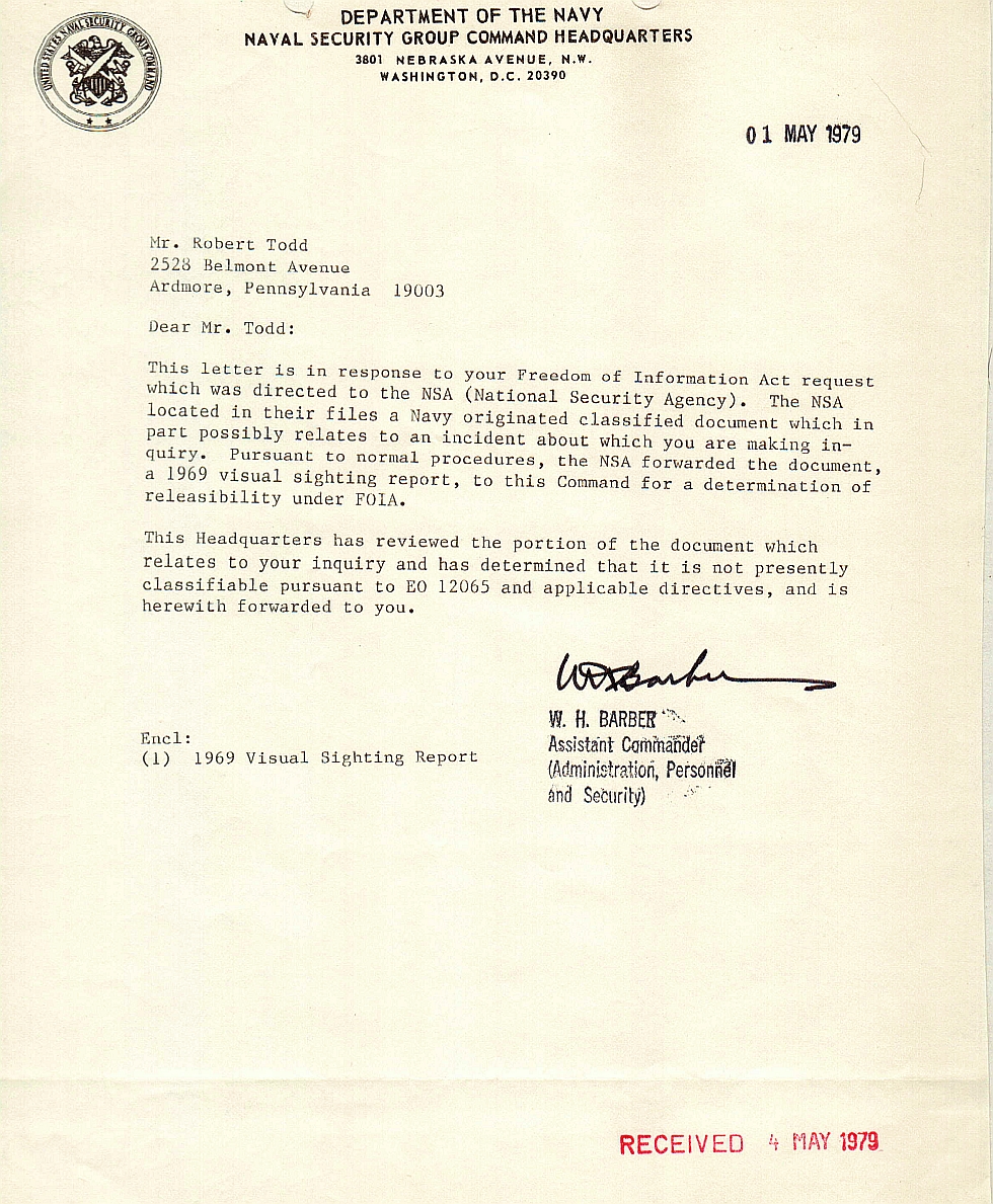 Robert Todd FOIA Response US Navy regarding 1969 Havana, Cuba UFO sighting