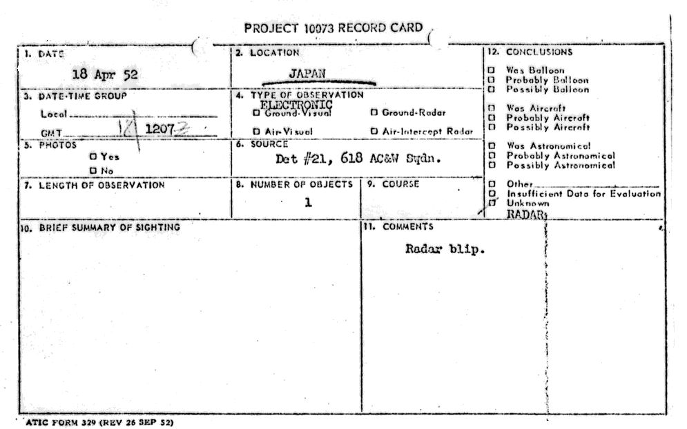 PROJECT 10073 REPORT CARD 18 April 1952