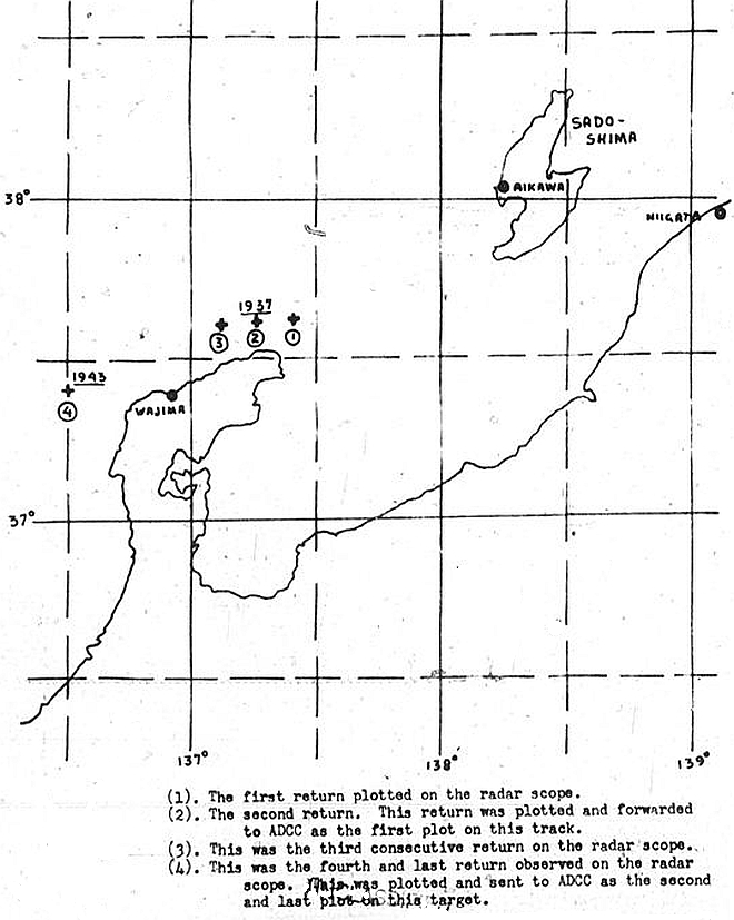 UFO Radar plots observed at Site #6, Niigata Air Base, Japan, 7 October 1951