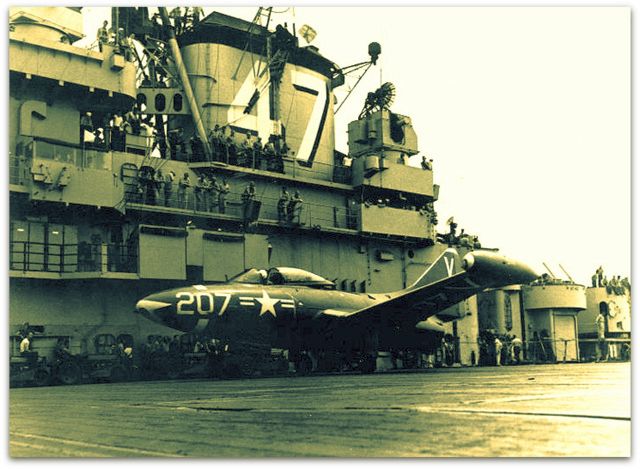 F9F-2 Panther from (VF) 112 on flight deck of USS Philippine Sea (CV 47) 1950s