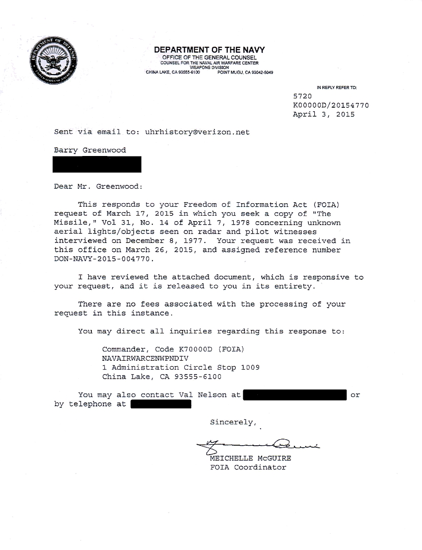 Point Mugu UFO FOIA Response to Barry Greenwood