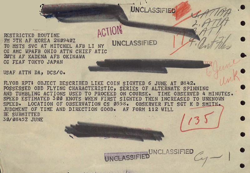 TWX From Kimpo AFB Korea Re: June 6, 1952 UFO Sighting