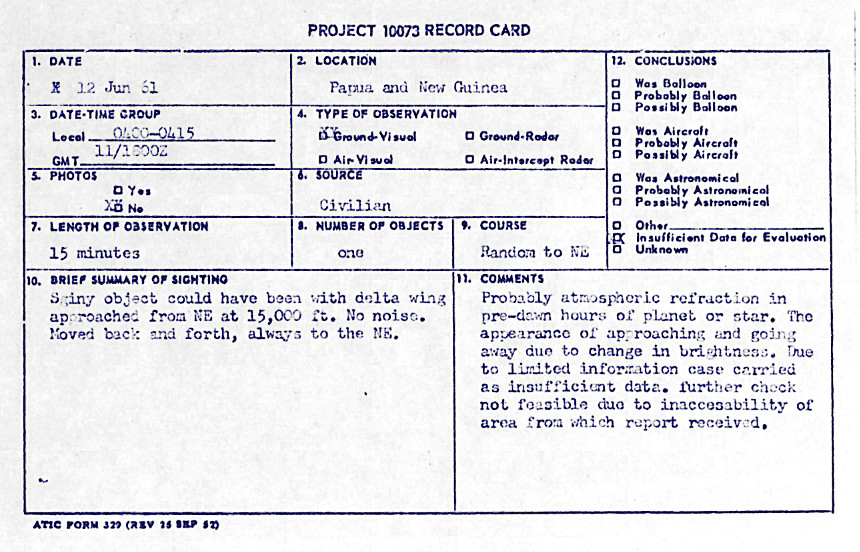 Project Report Card For 12 June, 1961 PNG UFO Sighting