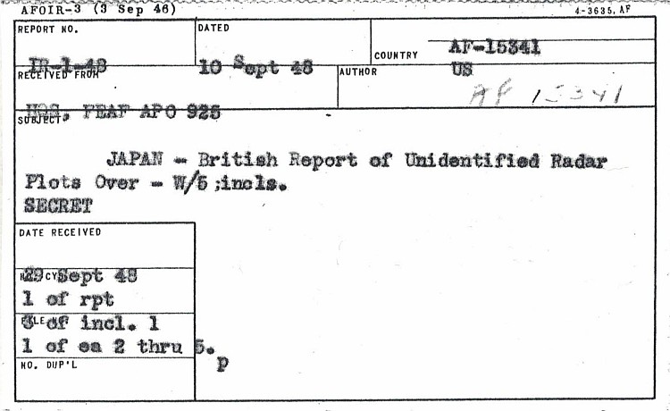 DI Intel Report Index Cards - UFO Incident - Japan - 1948