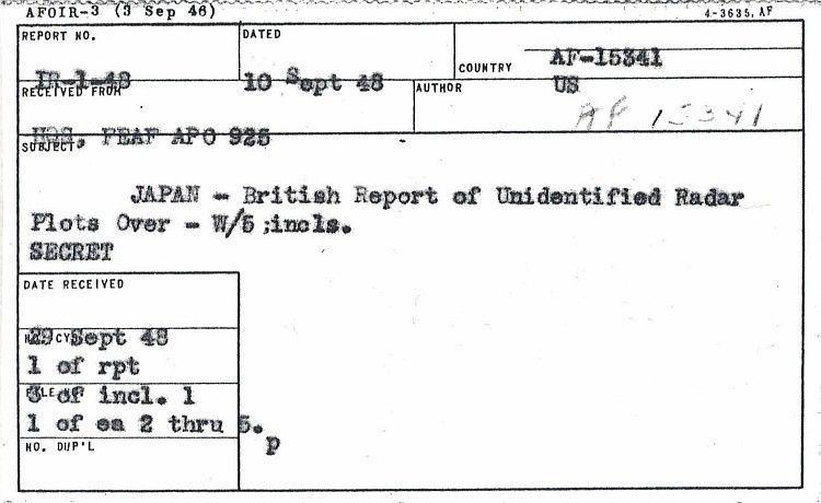 DI Intel Report Index Cards - UFO Incident - Japan - 1948