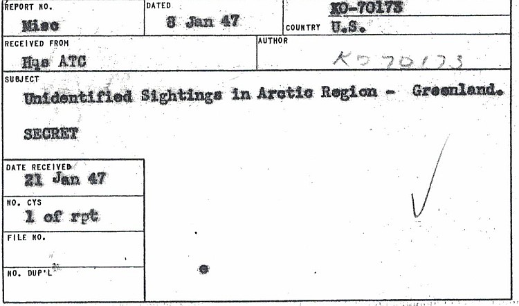 DI Intel Report Index Cards - UFO Incident - Greenland - 1947