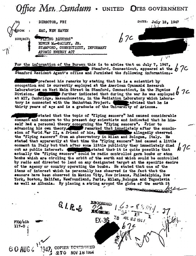 18 July, 1947 FBI Memo Re: Flying Saucers