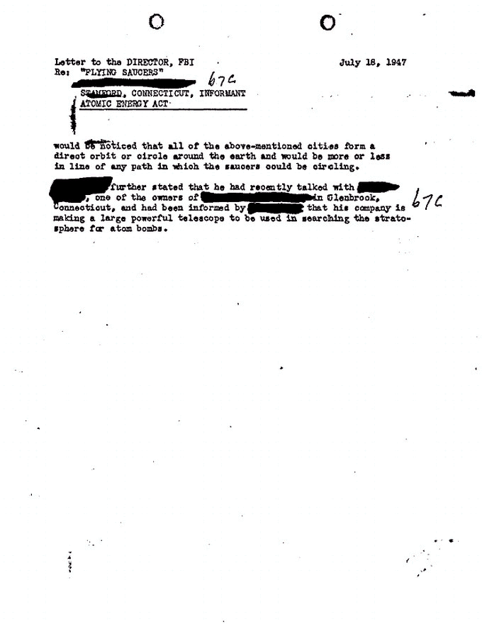 18 July, 1947 FBI Memo Re: Flying Saucers