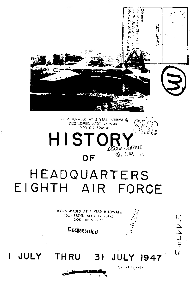 Cover of  History  HQ, Eighth Air Force for July, 1947