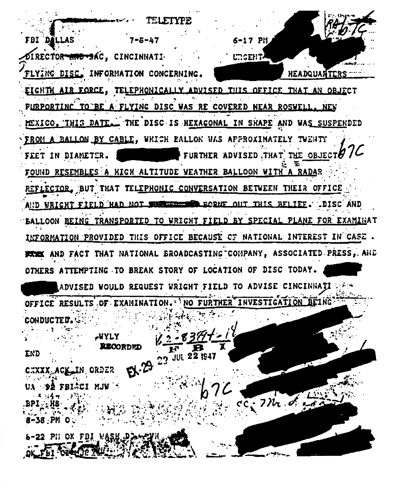 FBI Teletype Message, July 8, 1947