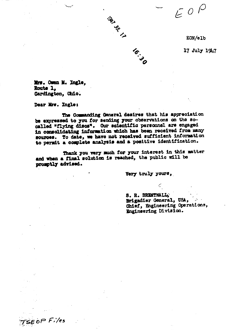 Brentnall Letter to Mrs. Ingle - July 17, 1947