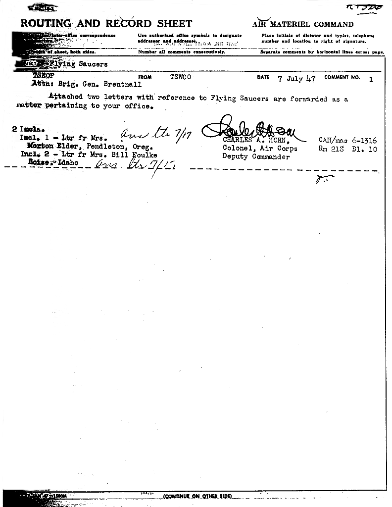 Routing Slip -- Flying Disc Letters Forwarded to Gen Brentnall, July 7, 1947