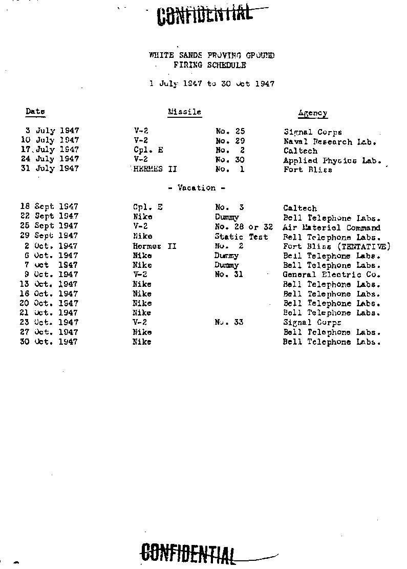 WSPG Firing Schedule July - October, 1947