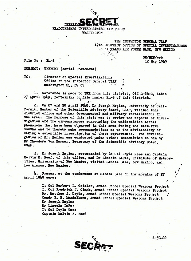 Col Doyle Rees to Dir  OSI, 12 May, 1949, Page 1
