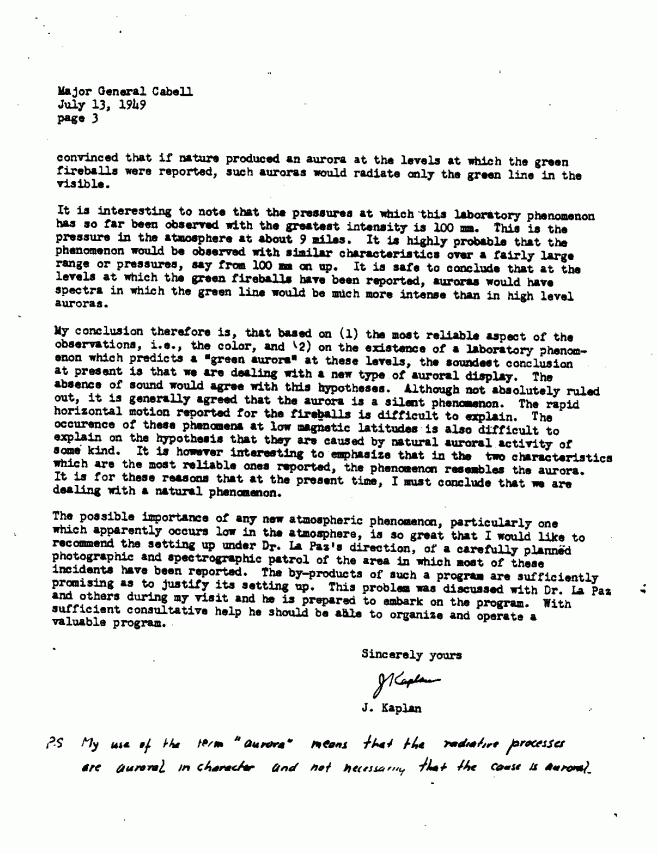 Kaplan Letter to General Cabell, 13 July 1949