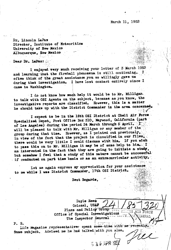 Doyle Rees Letter to Lincoln LaPaz Re: Milliken, March 11, 1952