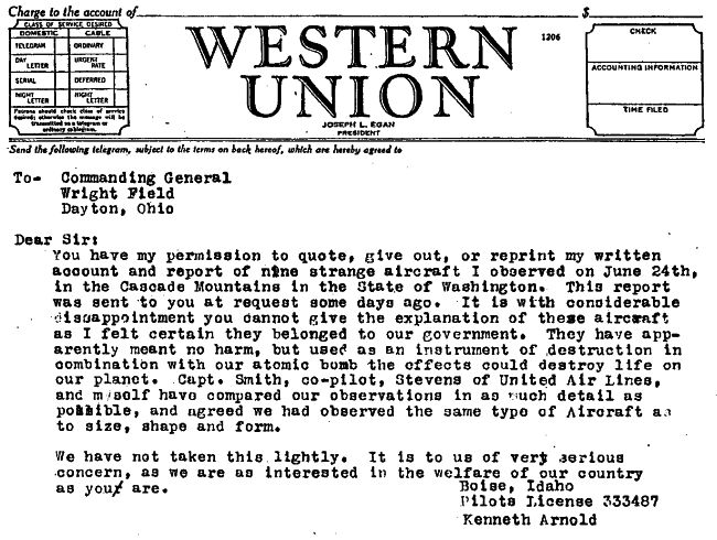 Kenneth Arnold Telegram to Commanding General
Wright Field